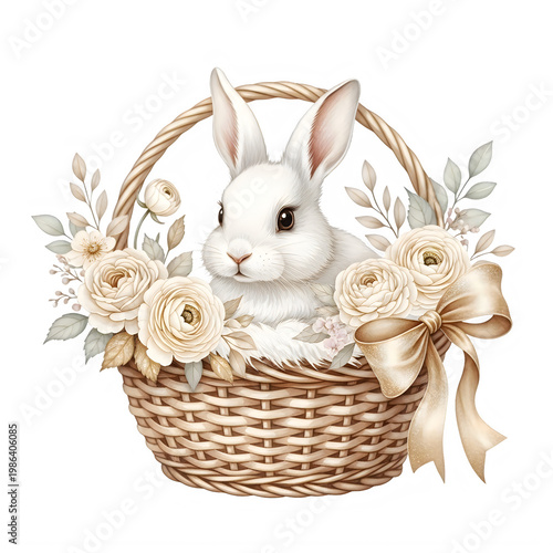 golden easter eggs with flowers in a basket, white rabbit vintage style on white background