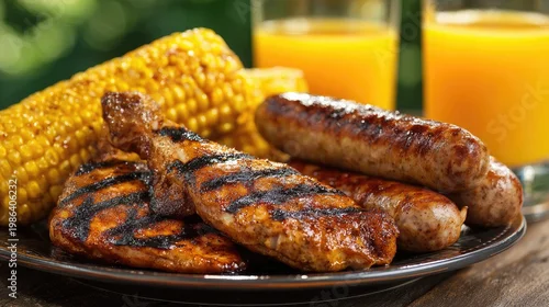 Fototapeta samoprzylepna Grilled food assortment on plate with corn and orange juice close up