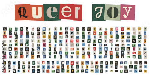 Ransom note alphabet and numbers for LGBTQ pride zine and queer joy collage design