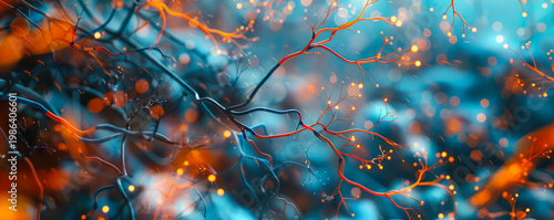 Brain synapses particles blue orange network plasticity design wallpaper