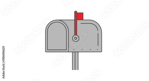 Classic silver mailbox with red flag raised, isolated on white background