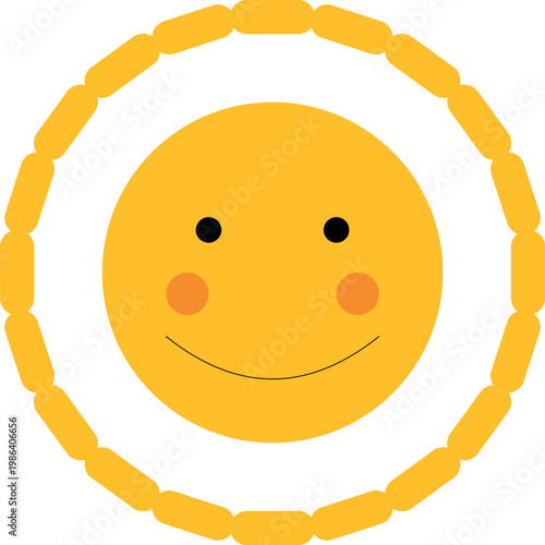 Minimalist yellow sun character with smiling face, cute sun icon with rosy cheeks, flat vector sun illustration for weather and summer designs