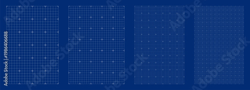 Blueprint grid set fine line geometry, four scale variations. Wide medium dense micro spacing comparison, engineering layouts dashboards notebook pages interface planning systems technology graphics.