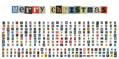 Anonymous Ransom Note Style Merry Christmas Typography with Cutout Alphabet and Symbols