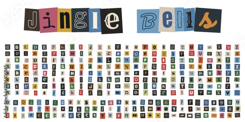 Ransom note alphabet with Jingle Bells text for Christmas holiday crafts and DIY projects