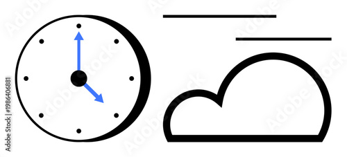 Time management, cloud computing, digital technology, rapid data transfer, workflow optimization, productivity. Clock with blue arrows and a cloud symbol with speed lines. Time management and cloud
