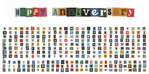 Colorful Ransom Note Style Alphabet and Numbers for Happy Anniversary Message
