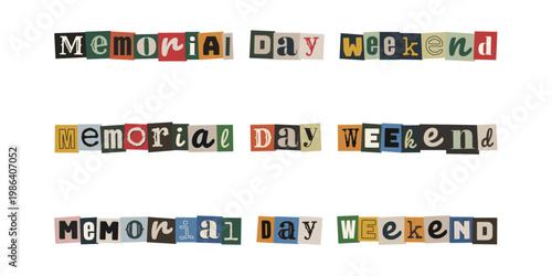 Memorial Day Weekend text in ransom note style with retro cut out magazine letters for social media