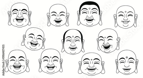 Happy Buddha Faces - Vector Art - Good Fortune and Joy