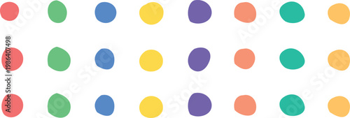 Hand-drawn colorful polka dot pattern vector, playful organic circle shapes in rainbow colors, seamless repeating dot background for kids branding