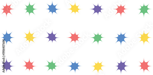 Colorful starburst sticker set, 21 vibrant explosion icons for sales and promotions, flat vector splash shapes in primary colors