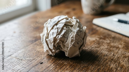 Crumpled Paper Ball on Rustic Wooden Desk with Notebook.