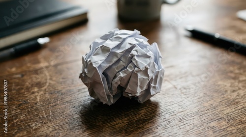Crumpled Paper Ball on Wooden Desk with Office Supplies.