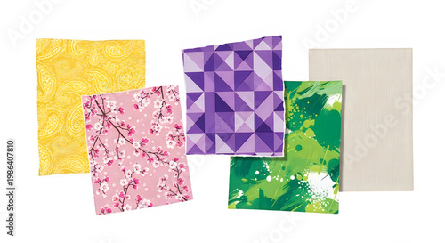 a collection of colorful patterned squares isolated on transparent background
