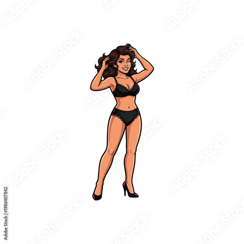 Beautiful Woman in Black Lingerie – Full Body Fashion Cartoon Character Design