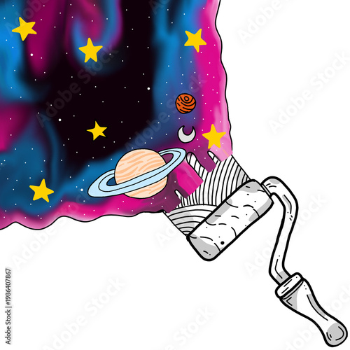 paint roller colorful universe with stars and Planets drawing
