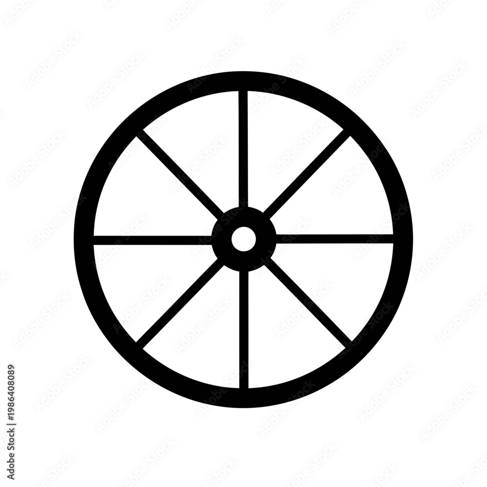 Obraz premium Simple black and white graphic of a spoked wheel icon on a white background