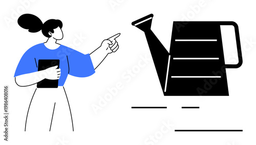 Growth, gardening, cultivation, nurturing, sustainability, education. A woman pointing to a watering can. Growth and gardening concepts conveyed through interaction with a watering can