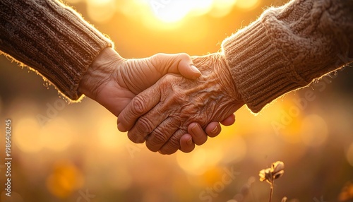Handshake Between Two People on Golden Background Light