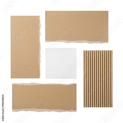 a collection of brown cardboard pieces and a white square isolated on transparent background
