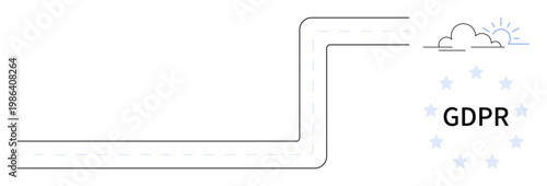 Data privacy, compliance, digital protection, transparency, regulation, secure management. Clean design a road path leading to GDPR text and stars with a sun and cloud. Data privacy and compliance