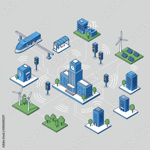 Isometric Smart City Infrastructure and Connectivity Illustration.