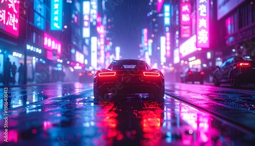 Electric Car Drives Through Futuristic City at Night