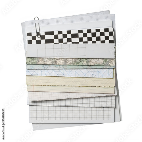 a stack of old and torn paper with checkered pattern isolated on transparent background