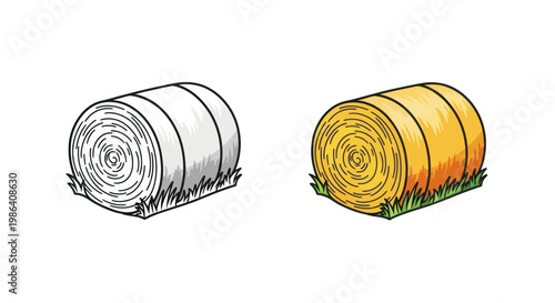 Hay Bale Comparison: Sketch and Colored Illustration