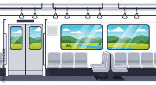 Modern Subway Interior with Scenic Landscape View Through Windows