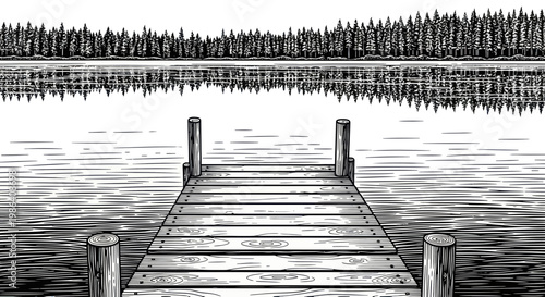 Wooden Pier on Calm Lake with Forest Reflection, Black and White Ink Drawing