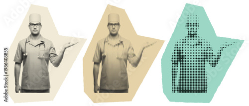 Vintage halftone medical collage of a male doctor in scrubs with stethoscope for healthcare design