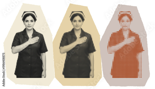 Vintage Halftone Graphic of a Female Nurse Making a Professional Oath of Compassion and Service