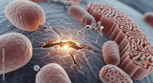 Microscopic view of bacteria and cell membrane with a glowing crack
