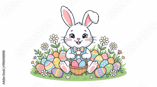 Happy bunny sitting in green grass surrounded by colorful Easter eggs and flowers, vector illustration.