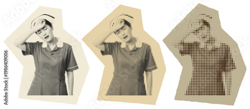 Exhausted Asian female nurse suffering from burnout and mental health stress halftone collage