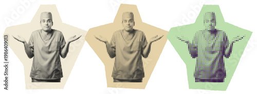 Confused Male Surgeon Shrugging Shoulders in Halftone Pop Art Style