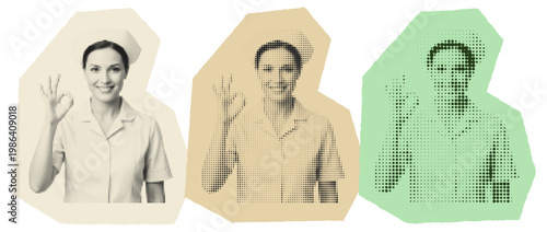Retro Pop Art Nurse Halftone Graphic, Young Woman in Medical Uniform Making OK Sign