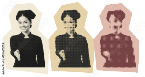 Retro Pop Art Young Asian Woman in Uniform Offering Handshake for Hospitality Service Recruitment