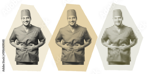 Vintage Halftone Pop Art Collage of Male Surgeon in Scrubs with Abdominal Pain