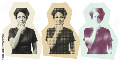 Thinking Nurse Halftone Pop Art Collage, Healthcare Professional Graphic Design