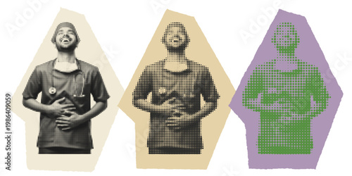 Joyful Male Nurse Laughing in Halftone Pop Art Style for Medical Humor and Stress Relief