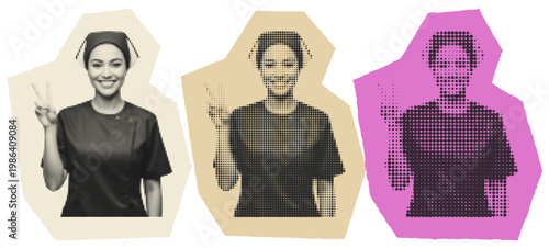 Smiling young female nurse in scrubs making peace sign in retro halftone pop art sticker style