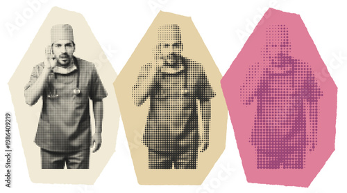 Halftone Pop Art Doctor Listening Concept for Medical Communication and Hearing Loss