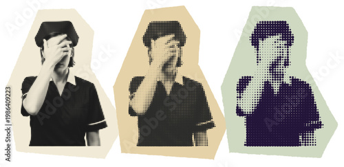 Halftone graphic of a female nurse feeling overwhelmed nursing burnout and compassion fatigue