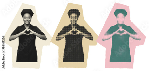 Black Female Nurse Pop Art Collage, Healthcare Worker Heart Hand Gesture, Medical Professional Diversity