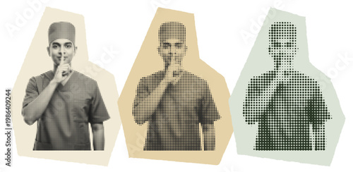 Medical Privacy and Patient Confidentiality Concept with Male Nurse Shushing Gesture