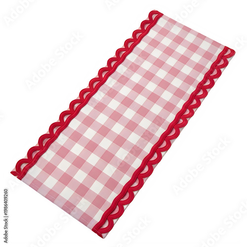 a red and white checkered table runner with a red lace trim isolated on transparent background