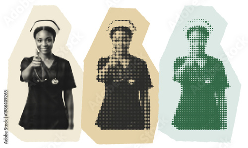 Retro Halftone Illustration of a Black Female Nurse Giving a Thumbs Up for Healthcare Appreciation