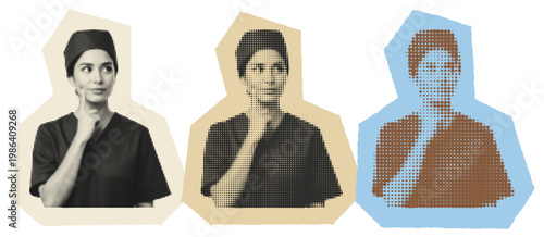 Female Nurse Thinking in Halftone Pop Art Style, Medical Professional Illustration